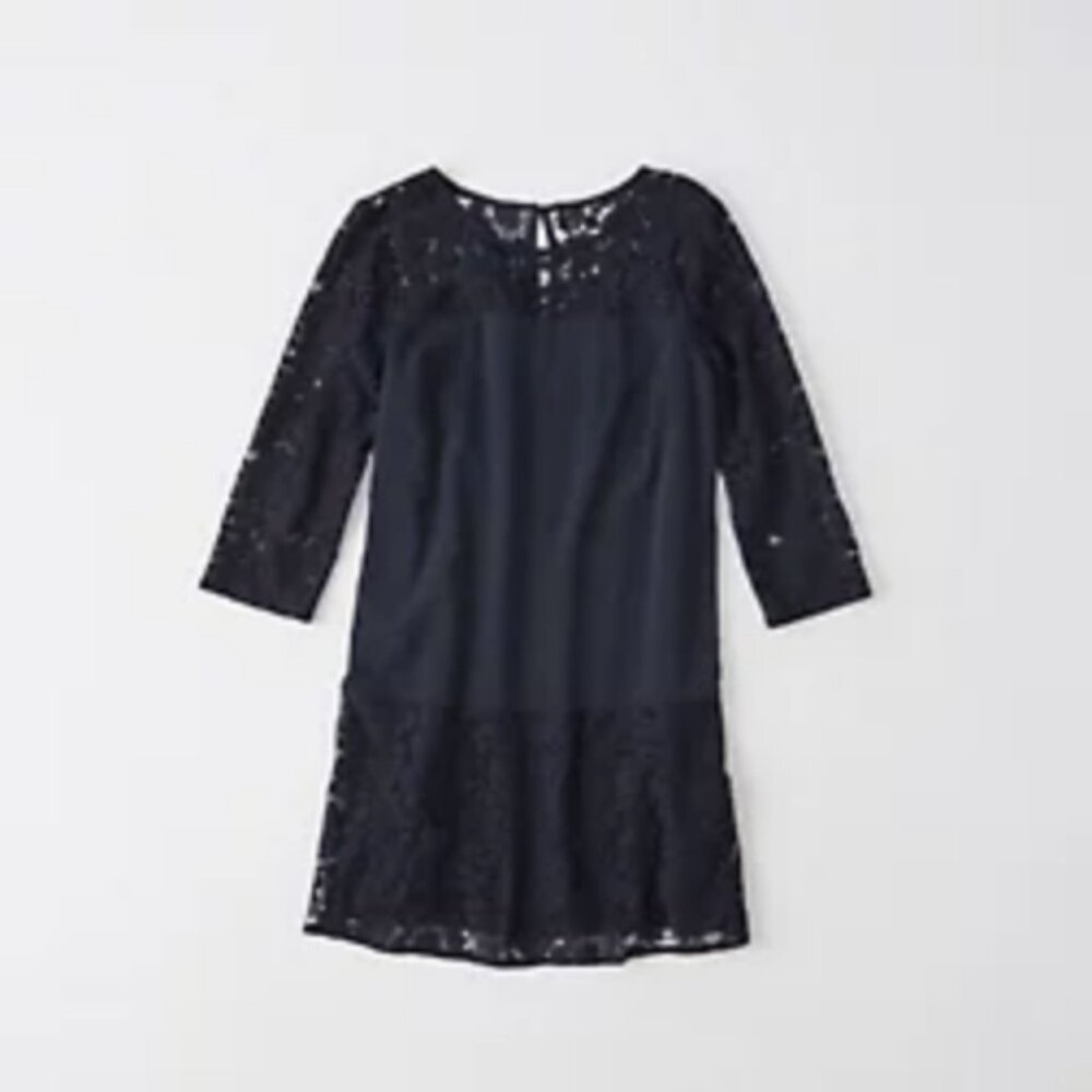 Abercrombie Lace Shift Dress XS Women Navy Blue Mini Illusion 3/4 Sleeves Satin